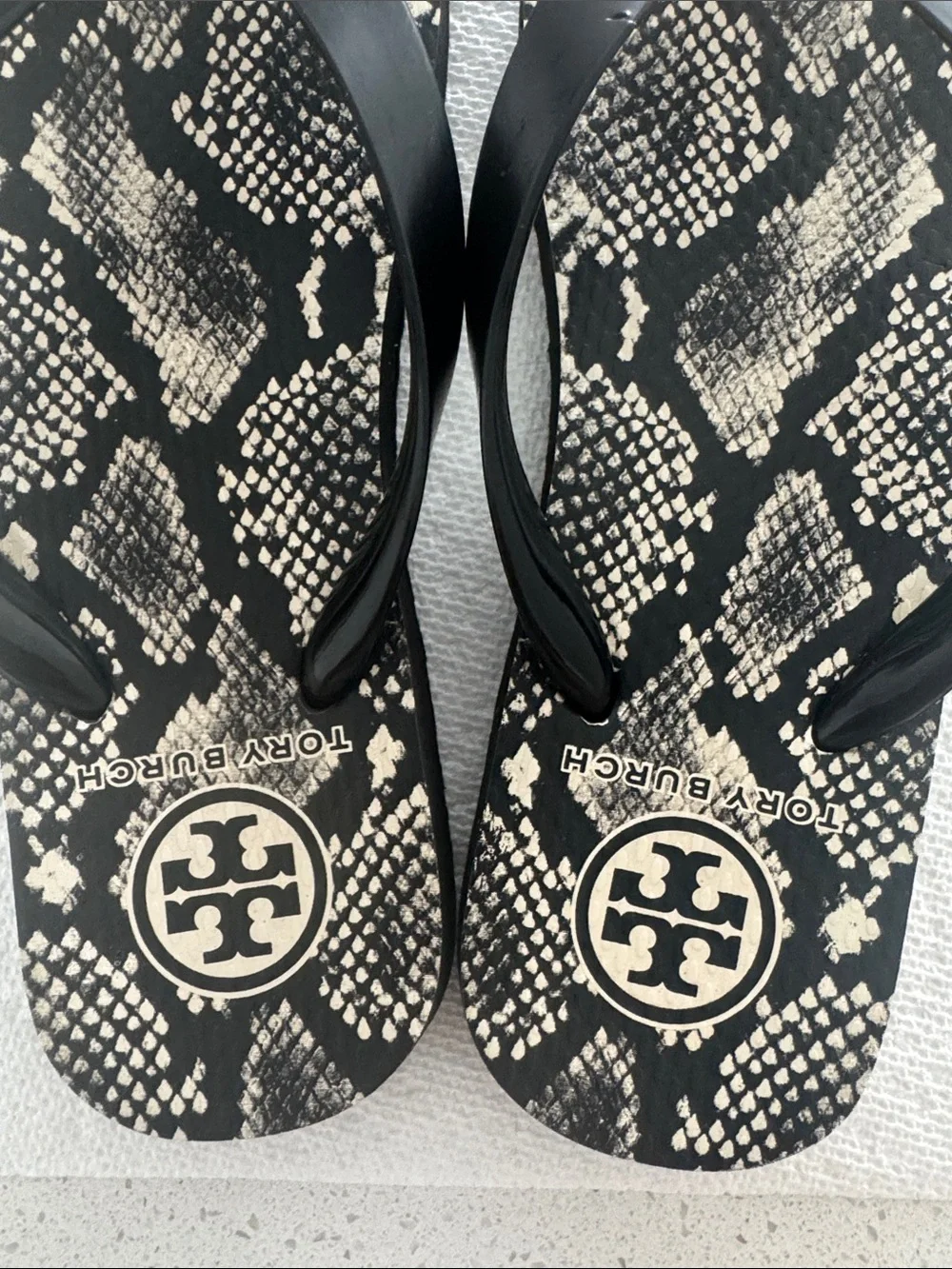 Tory Burch Black & Cream Snake-Print Thong Sandals with Gold Logo